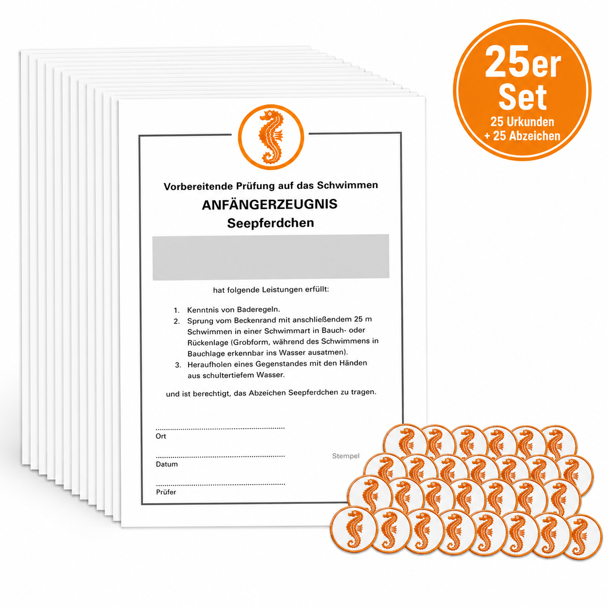 25er Set Seepferdchen Urkunde & Schwimmabzeicheb